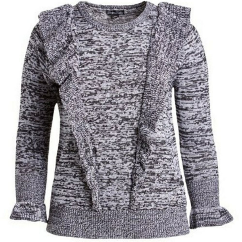 🇬🇪🍑Vintage Evelyn Taylor Gray & Black Ruffled Front Long Sleeve Sweater Large